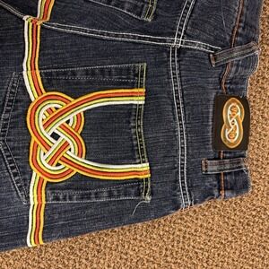 Evolution In Design Mens Wide Leg Jeans Blue Embroidered Infinity Knot Y2K 36x32